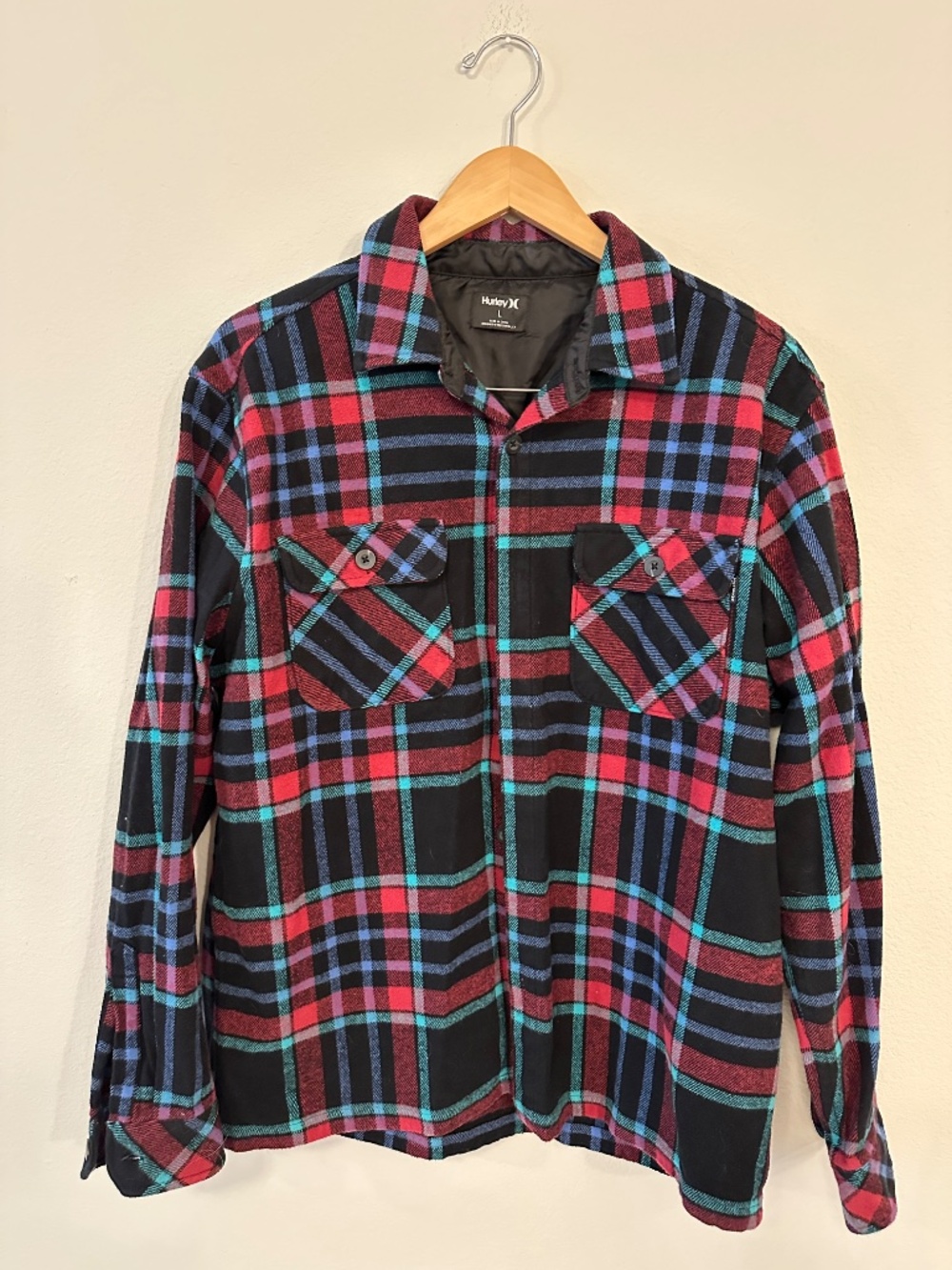 Hurley Lined Plaid Flannel Shirt Jacket Men's L Red Blue Black